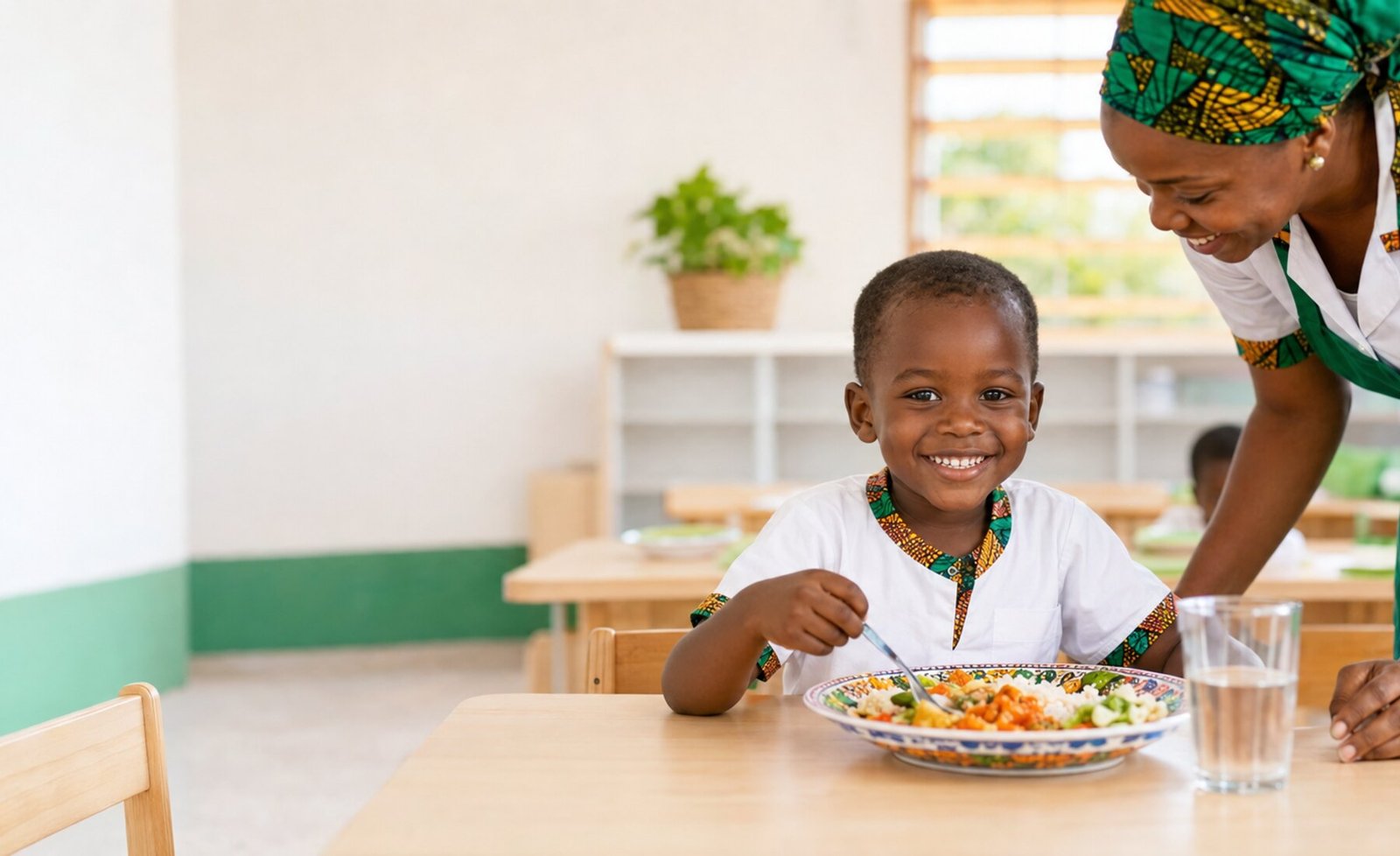 Repas équilibré servi à un enfant dans une cantine scolaire